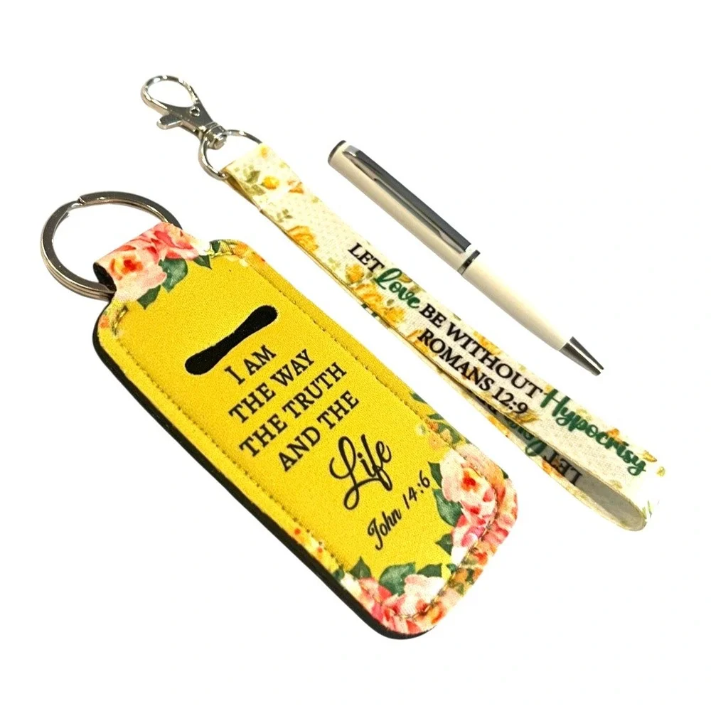 Lip Balm or Pen Neoprene Keychain Holder, Lanyard, & Pen Set- Bible Verse